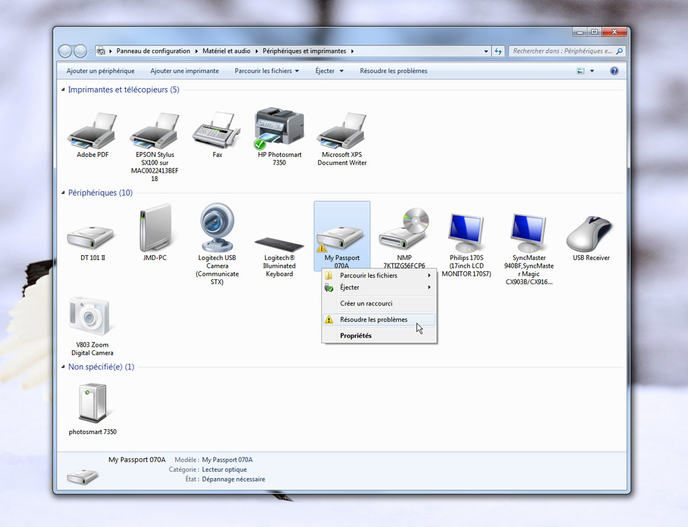 L'outils Périphériques et imprimante de Windows 7