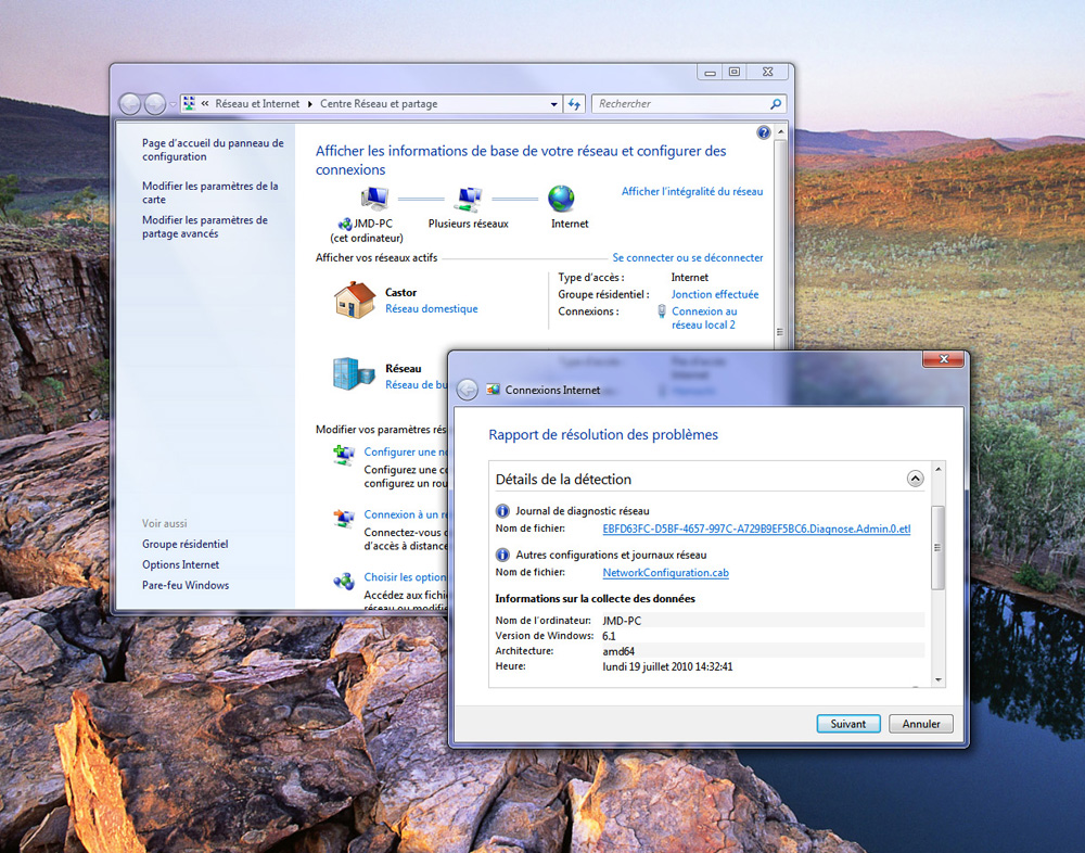 Dépannez Windows 7, à travers le Centre Réseau et partage